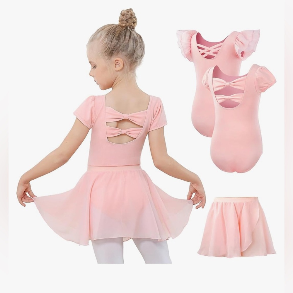 Gogokids - Pink Ballet Dance Set with Ruffles and Flutter Sleeves - 3 Pc Set